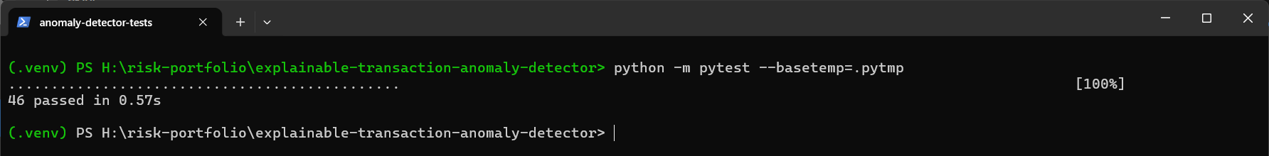 終端機執行 pytest，顯示 46 項測試全部通過
