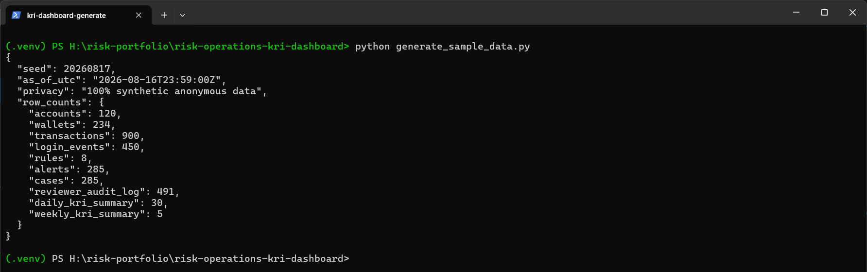 終端機執行 generate_sample_data.py，顯示各資料集實際產生的列數