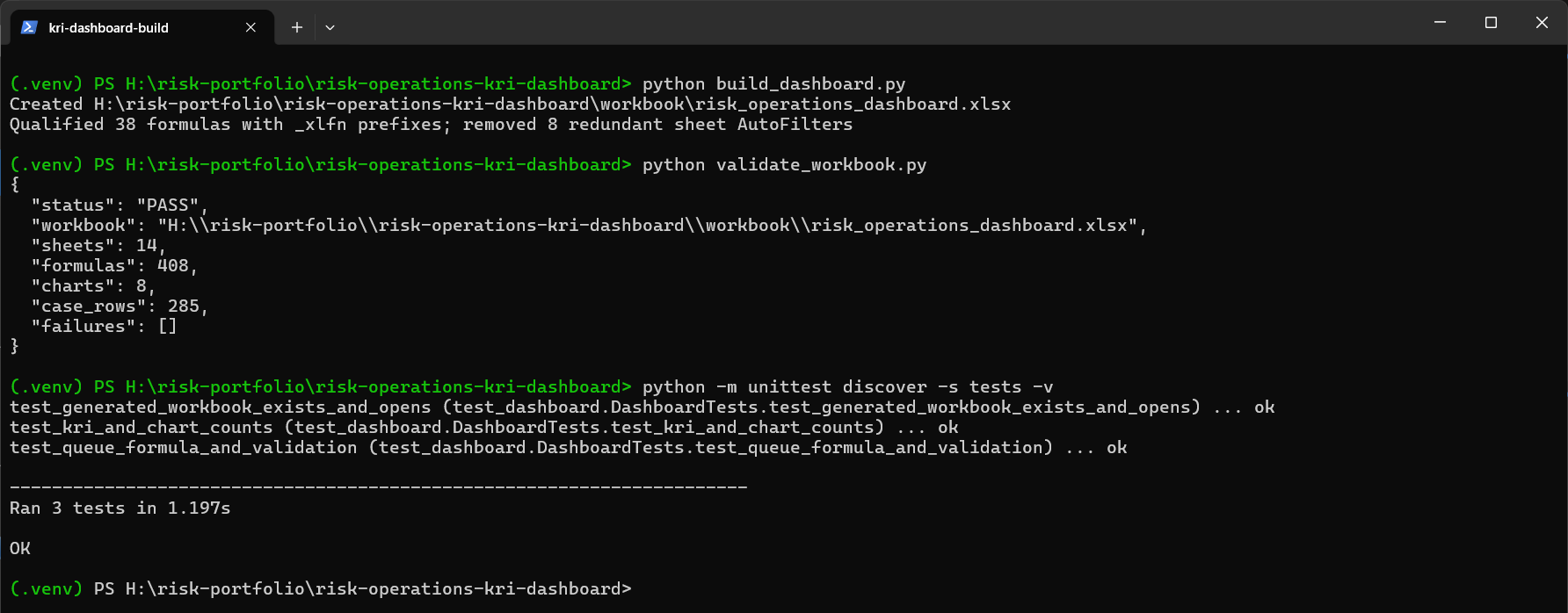 終端機執行 build_dashboard.py、validate_workbook.py 與單元測試，驗證器回報 PASS