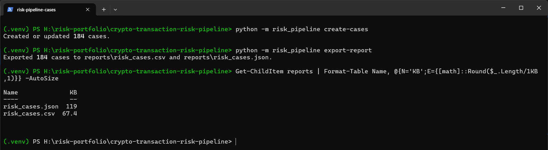 終端機執行 create-cases 與 export-report，並列出報表檔案