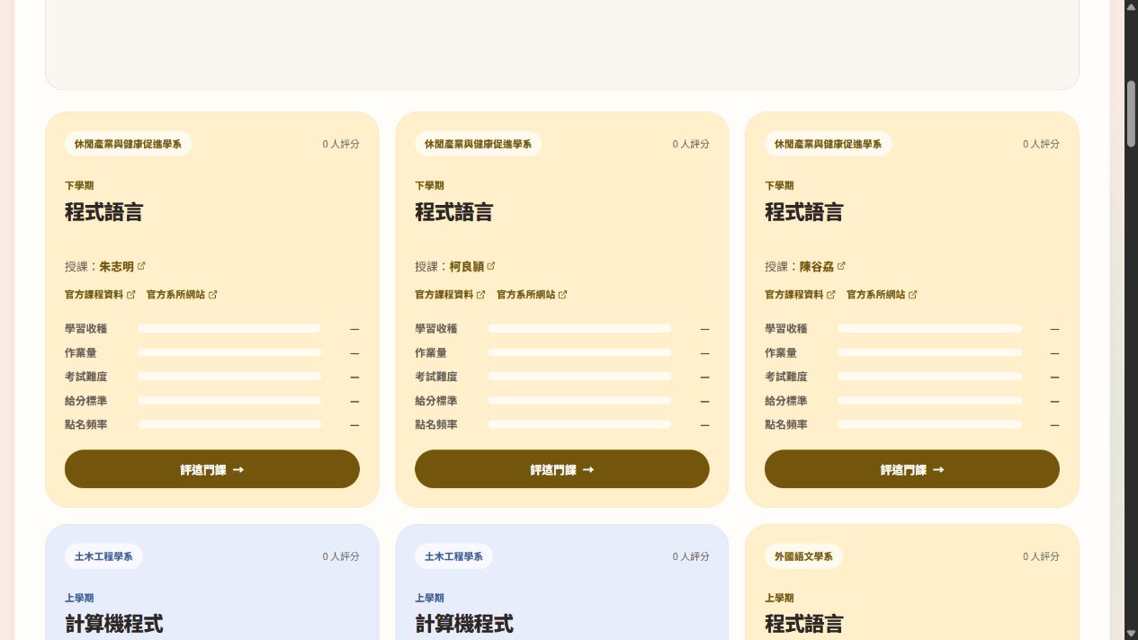 WZCR 實際網站：同名課程依授課教師分開呈現五項評分卡
